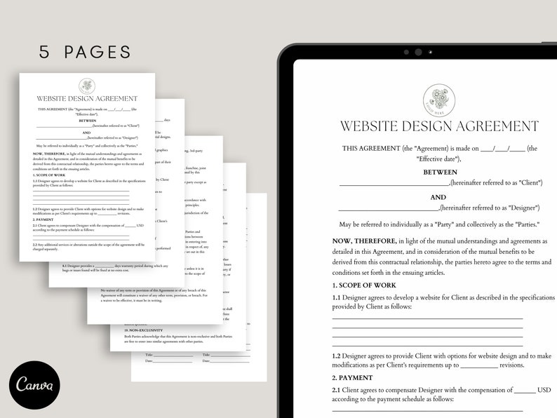 May include: Website design agreement contract template with a floral design on the top of the page. The text "Website Design Agreement" is in bold and large font. The contract includes sections for scope of work and payment.