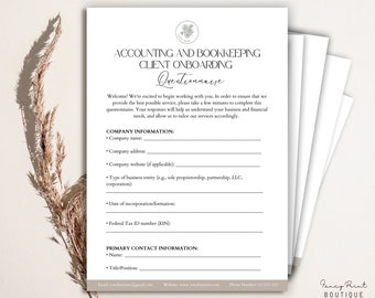 Editable Accounting and Bookkeeping Client Onboarding Questionnaire Form, Accounting questionnaires Template,Client questionnaires PDF,Canva