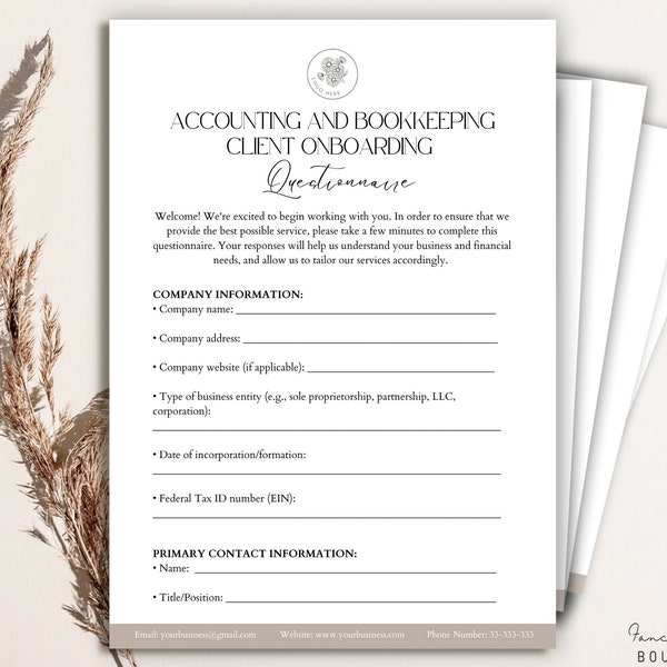 Editable Accounting and Bookkeeping Client Onboarding Questionnaire Form, Accounting questionnaires Template,Client questionnaires PDF,Canva