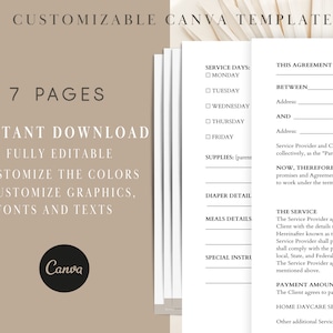 K&ouml;nnte beinhalten: Ein Stapel wei&szlig;er Papierdokumente mit Text, darunter "CUSTOMIZABLE CANVA TEMPLATE", "7 PAGES" und "INSTANT DOWNLOAD". Die Dokumente enthalten ausf&uuml;llbare Felder und ein Canva-Logo.