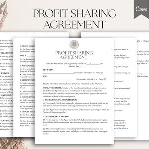 May include: A black and white legal document titled "Profit Sharing Agreement". The document outlines the terms of a business partnership, including profit sharing, accounting, and dispute resolution.