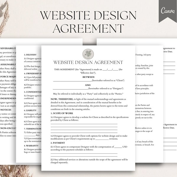 Website Design Agreement ,Editable Freelance Web Design Contract Template, Web Design Terms, Website Designer Contract, PDF Canva