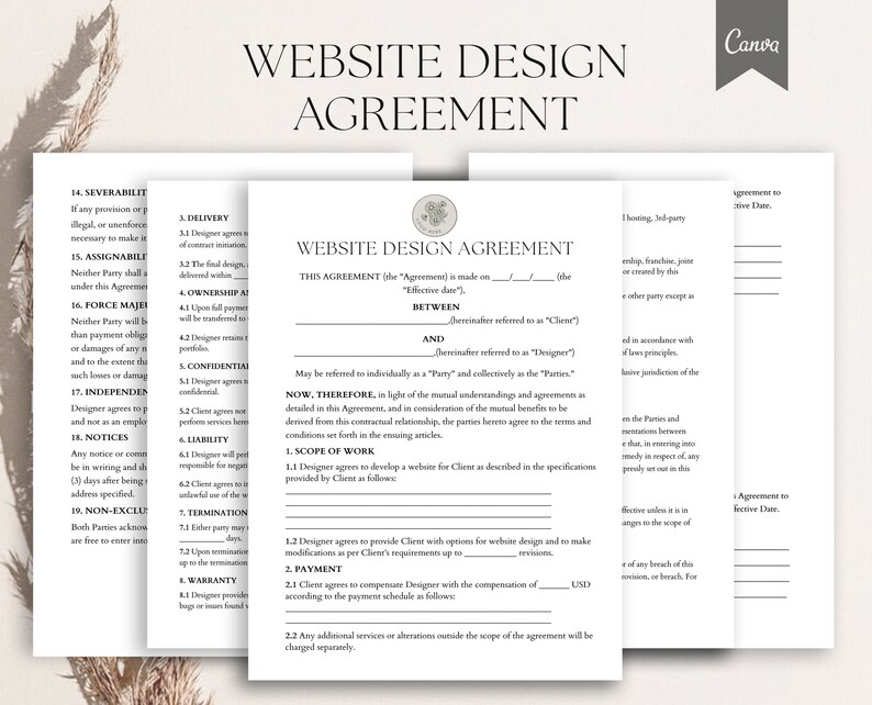 May include: A website design agreement template with sections for severability, delivery, ownership, confidentiality, liability, termination, and warranty. The agreement is between a client and a designer.