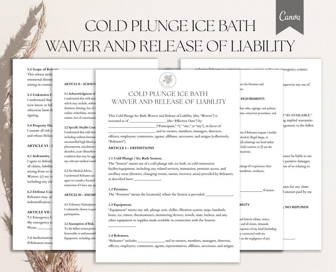 Cold Plunge Ice Bath Waiver, Ice Bath Liability Release Form, Cold ...