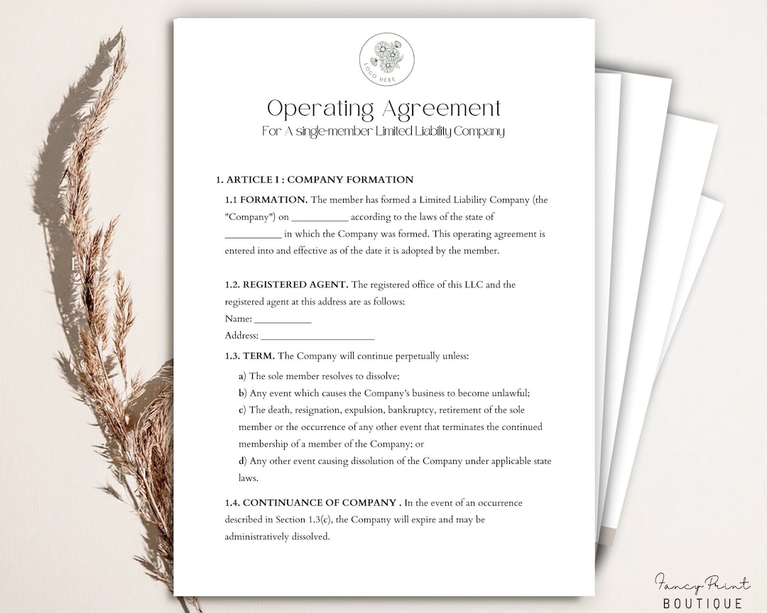 Editable LLC Operating Agreement Form, Single Member LLC Operating ...