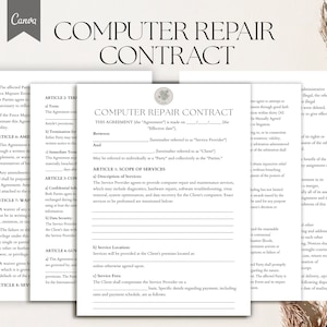 Puede incluir: Una plantilla de contrato de reparación de computadoras en blanco y negro con el título "Contrato de reparación de computadoras" en negrita, fuente grande. El contrato incluye secciones para las partes involucradas, el alcance de los servicios y las tarifas de servicio.