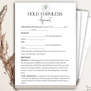 Hold Harmless Agreement, Liability Protection , Waiver of liability Template , Waiver Release of Liability, Indemnity Agreement, Canva