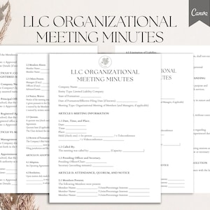 LLC Organizational Meeting Minutes Template, Company Formation Meeting Minutes, LLC Initial Meeting Record, Pdf, Canva