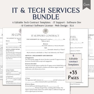 May include: A bundle of IT and Tech Services contract templates. The image shows six editable contract templates, including IT support, software development, and web design. The bundle includes over 35 pages of content. The text in the image reads "IT & TECH SERVICES BUNDLE".