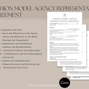 K&ouml;nnte beinhalten: Beige Dokument mit der Aufschrift "FASHION MODEL AGENCY REPRESENTATION AGREEMENT" mit einem Stapel &auml;hnlicher Dokumente. Der Text enth&auml;lt Artikel&uuml;berschriften und das Canva-Logo.