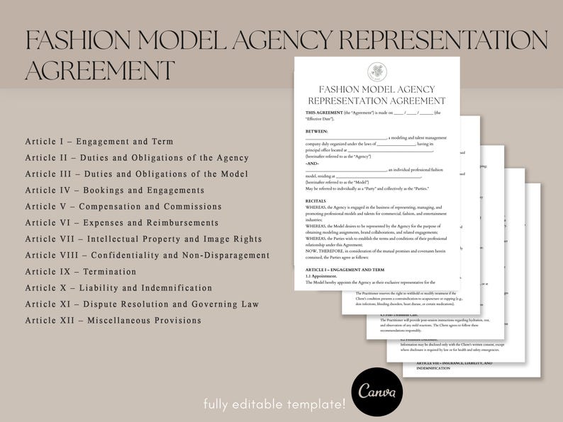 K&ouml;nnte beinhalten: Beige Dokument mit der Aufschrift "FASHION MODEL AGENCY REPRESENTATION AGREEMENT" mit einem Stapel &auml;hnlicher Dokumente. Der Text enth&auml;lt Artikel&uuml;berschriften und das Canva-Logo.