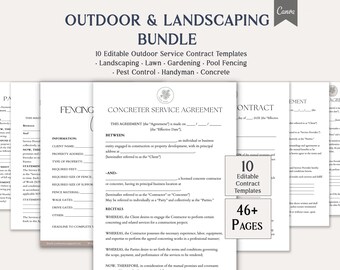 Landscaping Contract Bundle, 10 Editable Outdoor Service Templates, Lawn Care, Pool, Pest Control, Handyman Forms