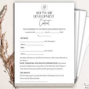 May include: A black and white contract template for software development services. The document includes spaces for the names and addresses of the developer and client, as well as the date of execution.