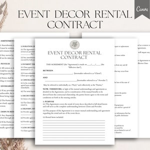May include: A black and white contract template for event decor rentals. The document includes sections for amendments, duration of services, payment terms, cancellation, decor item details, delivery, set up, loss or damage, and dispute resolution. The contract is titled "Event Decor Rental Contract".