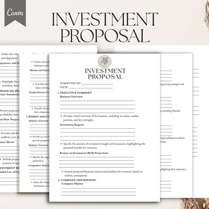 Könnte beinhalten: Eine schwarz-weiße Vorlage für einen Investitionsvorschlag mit dem Titel "Investitionsvorschlag" in fetter, schwarzer Schrift. Die Vorlage enthält Abschnitte für eine Zusammenfassung, eine Marktanalyse, eine Investitionsanfrage, Prognosen zur Kapitalrendite, eine Unternehmensbeschreibung und mehr.