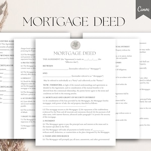 May include: A black and white legal document titled "Mortgage Deed" with the text "This Agreement (the "Agreement") is made on ______ (the "Effective Date")" and "BETWEEN ______ (hereinafter referred to as "Mortgagor") AND ______ (hereinafter referred to as "Mortgagee")"