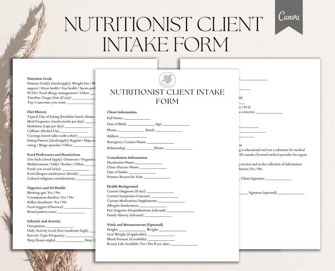 Nutritionist Client Intake Form Template, Nutrition Consultation Intake ...