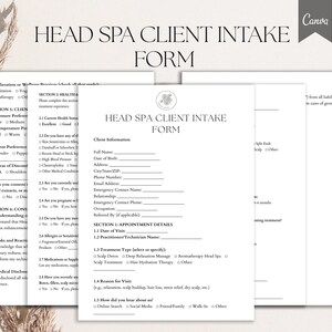 May include: A pile of white Head Spa Client Intake Forms with black text. The forms include sections for client information, appointment details, and health questions. The Canva logo is in the top right corner.