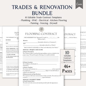 May include: A bundle of 10 editable trade contract templates, including plumbing, HVAC, electrical, and more. The documents are displayed on a white background with the text "Trades & Renovation Bundle" at the top. The bundle includes over 46 pages.