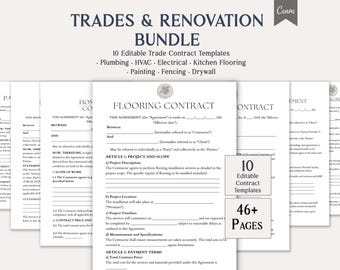 Trades Renovation Bundle, 10 Editable Trade Contract Templates, Plumbing, HVAC, Electrical, Kitchen, Flooring, Painting Forms