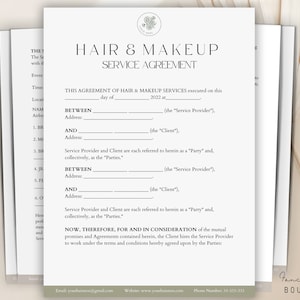 Makeup & Hair Contract, Hair Stylist Agreement,Wedding Contract Template,Makeup Artist Contract Wedding Makeup Artist, Hair Styling Contract