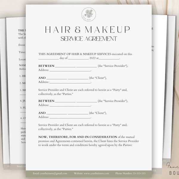 Makeup & Hair Contract, Hair Stylist Agreement,Wedding Contract Template,Makeup Artist Contract Wedding Makeup Artist, Hair Styling Contract