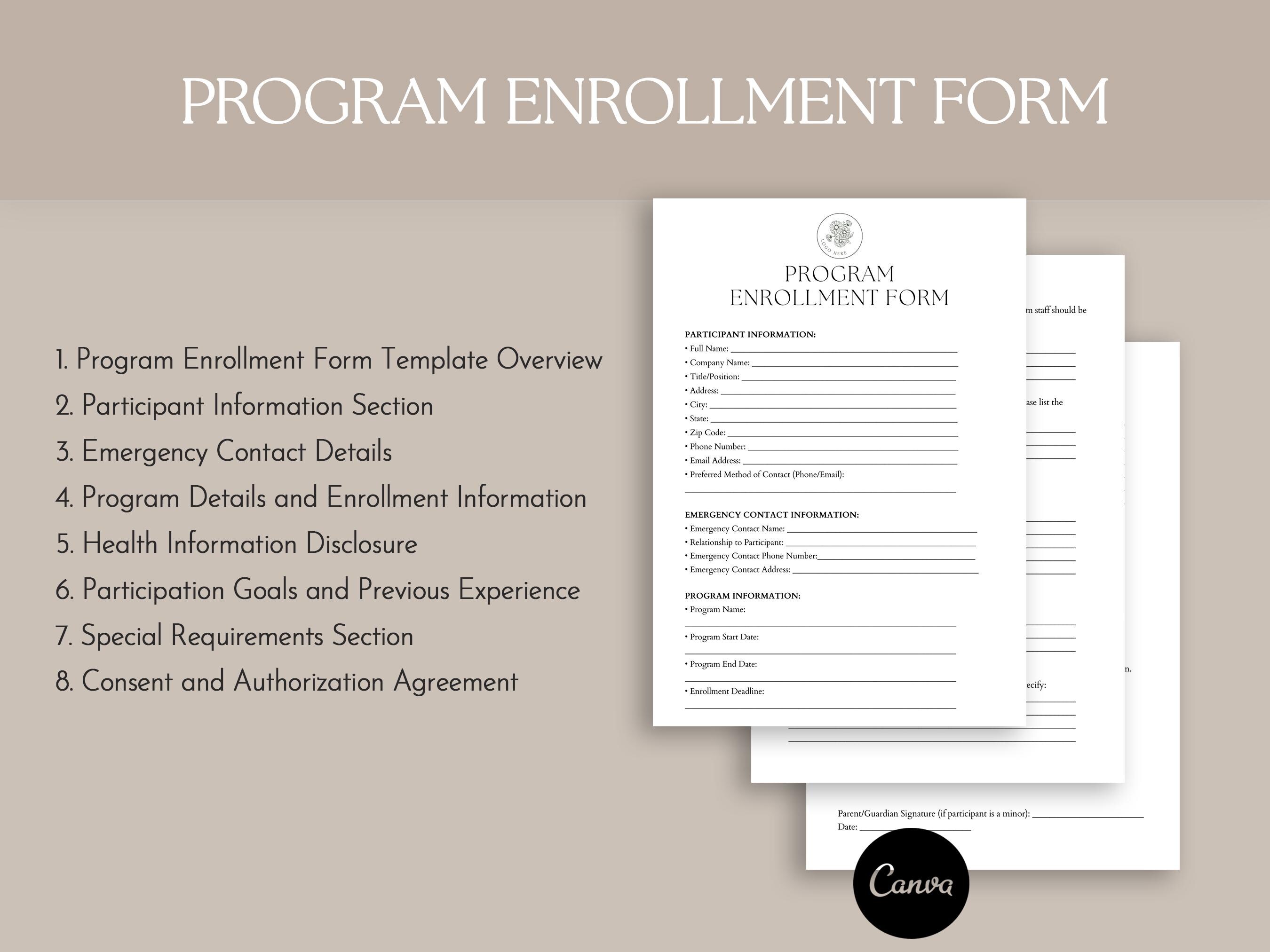 Program Enrollment Form Template, Pdf, Canva - Etsy