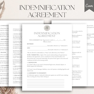 Indemnification Agreement template, Hold Harmless Agreement, Liability Release forms, General Release Form, Waiver of Liability ,Pdf, Canva image 1