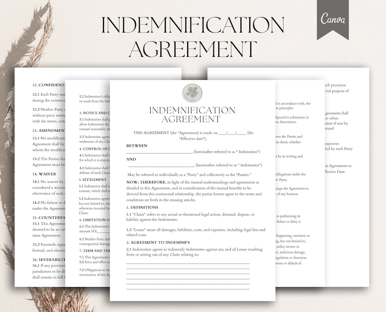 Indemnification Agreement template, Hold Harmless Agreement, Liability Release forms, General Release Form, Waiver of Liability ,Pdf, Canva image 1