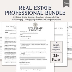 May include: A bundle of real estate professional templates. The image shows a stack of white documents with text, including a proposal and contract templates. The text includes "Real Estate Professional Bundle", "6 Editable Contract Templates", and "35+ Pages".