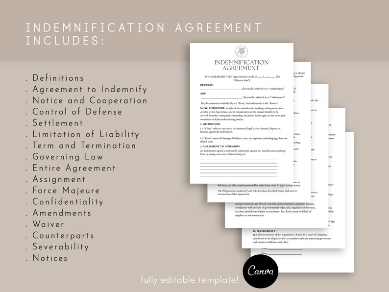 Indemnification Agreement template, Hold Harmless Agreement, Liability Release forms, General Release Form, Waiver of Liability ,Pdf, Canva image 3