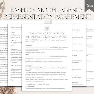 K&ouml;nnte beinhalten: Mehrere wei&szlig;e Papierdokumente mit dem Titel "FASHION MODEL AGENCY REPRESENTATION AGREEMENT". Die Dokumente, wahrscheinlich ein Vertrag, enthalten Text und ein Canva-Logo. Der Text ist in einer formellen Schriftart. Es handelt sich wahrscheinlich um eine rechtliche Vereinbarung.