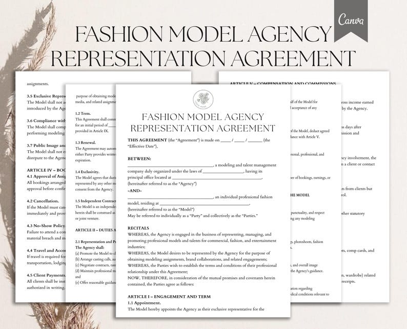 K&ouml;nnte beinhalten: Mehrere wei&szlig;e Papierdokumente mit dem Titel "FASHION MODEL AGENCY REPRESENTATION AGREEMENT". Die Dokumente, wahrscheinlich ein Vertrag, enthalten Text und ein Canva-Logo. Der Text ist in einer formellen Schriftart. Es handelt sich wahrscheinlich um eine rechtliche Vereinbarung.