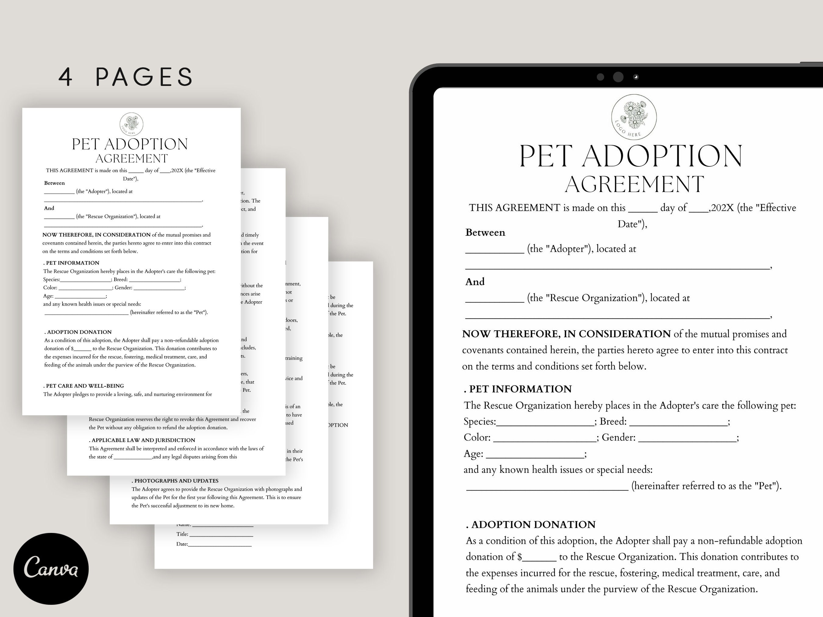 Editable Pet Adoption Agreement, Pet Adoption Terms, Puppy Adoption