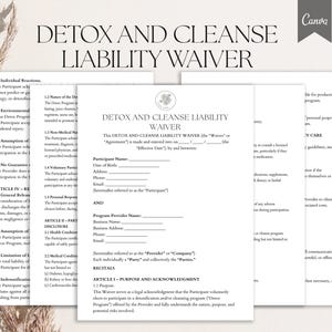 May include: A stack of white Detox and Cleanse Liability Waiver forms with black text. The forms include sections for participant and program provider information. The Canva logo is in the upper right corner.
