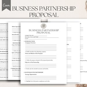 May include: A business partnership proposal template with the title "BUSINESS PARTNERSHIP PROPOSAL" in large, bold text. The document includes sections for introduction, rationale, and marketing strategies. The Canva logo is in the upper left corner.
