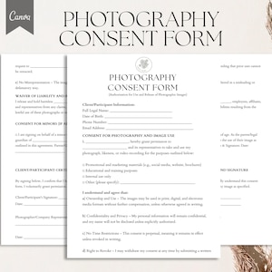 May include: A black and white photography consent form with sections for client information, consent for photography and image use, and a client/participant certification. The form includes a waiver of liability and consent for minors.