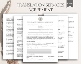Acuerdo de servicios de traducción editable, contrato de traductor, plantilla de contrato de traducción, acuerdo de servicios de traducción, formularios, PDF Canva