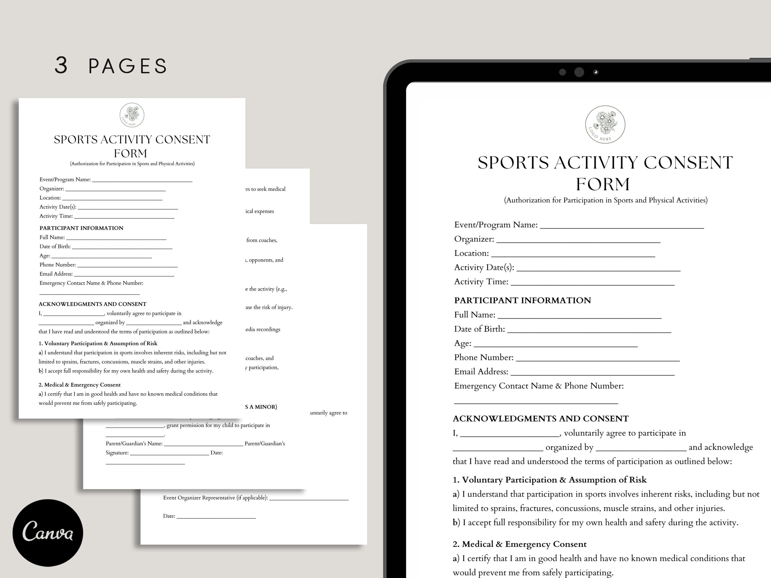 Sports Activity Consent Form Template, Sports Participation Waiver ,PDF ...