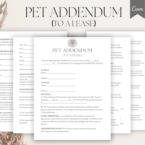 Editable Pet Addendum To A Lease Form, Rental Form, Pet Agreement Addendum, Pet Addendum Form ,Pet Agreement Form, Pdf,Canva