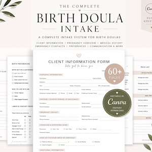 May include: A digital birth doula intake system template with over 60 pages, featuring a client information form, prenatal visit plan, birth preferences, and price list. The documents are fully editable in Canva and include sections for personal information, medical history, and emergency contacts.