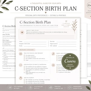 Puede incluir: Una plantilla de documento de plan de parto por cesárea con secciones para preferencias personales, detalles de cirugía y comunicación con el equipo de atención. Papel blanco con texto negro, detalles en rosa suave e ilustraciones botánicas.