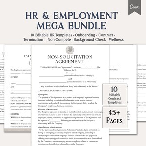 May include: A bundle of HR and employment documents, including templates for onboarding, contracts, and termination. The image features a stack of white papers with text and a Canva logo in the upper right corner. The bundle includes 10 editable contract templates and over 45 pages.