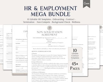 HR & Employment Mega Bundle, 10 Editable HR Templates, Onboarding, Termination, Non-Compete and Background Check, Instant Download, Canva