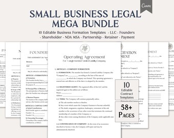 Small Business Legal Mega Bundle, 10 Editable Business Formation Templates, LLC, Founders, NDA, MSA & Partnership, Instant Download