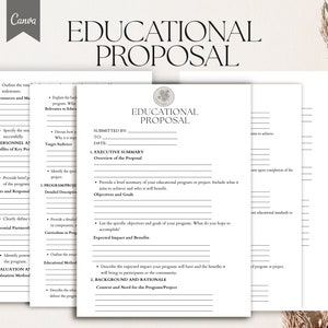 Può includere: Un modello di proposta educativa stampabile con sezioni per delineare le risorse, il personale, i dettagli del programma, i metodi di valutazione e le informazioni di base. Il modello è progettato per aiutare individui o organizzazioni a sviluppare e presentare una proposta educativa completa.