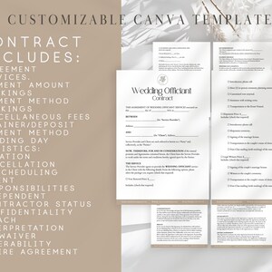 Puede incluir: Una plantilla de contrato de oficiante de bodas personalizable. El contrato incluye secciones para el acuerdo, los servicios, el monto del pago, las reservas, el m&eacute;todo de pago, las tarifas adicionales, el anticipo/dep&oacute;sito, el m&eacute;todo de pago, el d&iacute;a de la boda, la log&iacute;stica, la ubicaci&oacute;n, la cancelaci&oacute;n/reprogramaci&oacute;n, las responsabilidades del cliente, el estado de contratista independiente, la confidencialidad, la violaci&oacute;n, la interpretaci&oacute;n, la renuncia, la divisibilidad y el acuerdo completo.