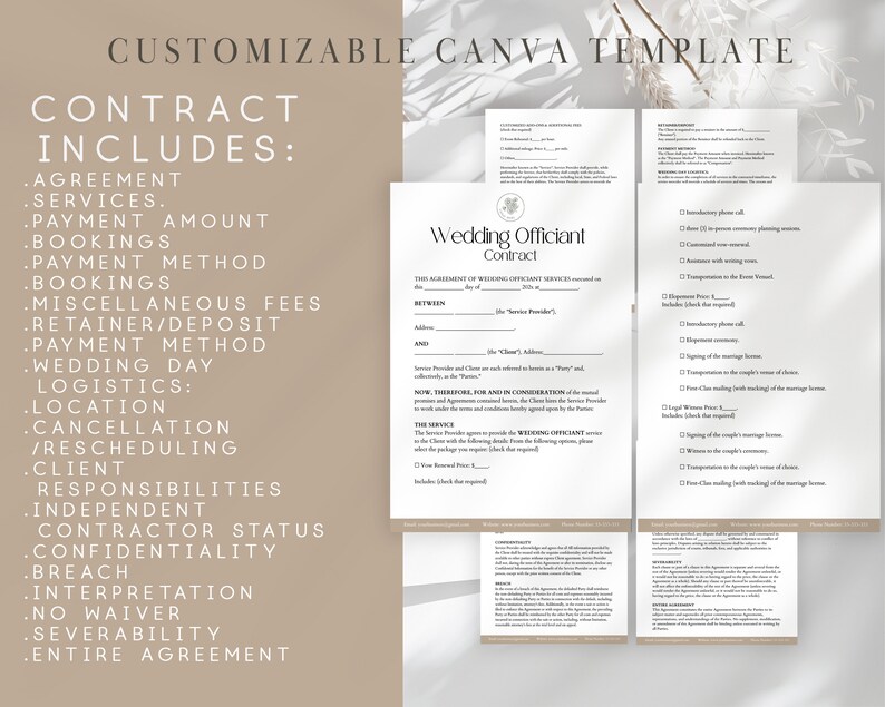 Puede incluir: Una plantilla de contrato de oficiante de bodas personalizable. El contrato incluye secciones para el acuerdo, los servicios, el monto del pago, las reservas, el m&eacute;todo de pago, las tarifas adicionales, el anticipo/dep&oacute;sito, el m&eacute;todo de pago, el d&iacute;a de la boda, la log&iacute;stica, la ubicaci&oacute;n, la cancelaci&oacute;n/reprogramaci&oacute;n, las responsabilidades del cliente, el estado de contratista independiente, la confidencialidad, la violaci&oacute;n, la interpretaci&oacute;n, la renuncia, la divisibilidad y el acuerdo completo.