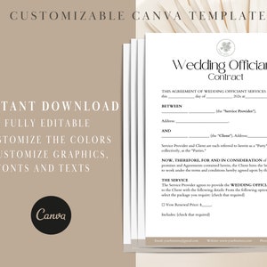 Puede incluir: Una plantilla de Canva personalizable para un contrato de oficiante de bodas. La plantilla es totalmente editable y permite personalizar los colores, los gr&aacute;ficos, las fuentes y el texto. El contrato incluye una secci&oacute;n para los detalles del proveedor de servicios, los detalles del cliente y los detalles del servicio. Los detalles del servicio incluyen un precio de renovaci&oacute;n de votos y una casilla de verificaci&oacute;n para servicios adicionales.