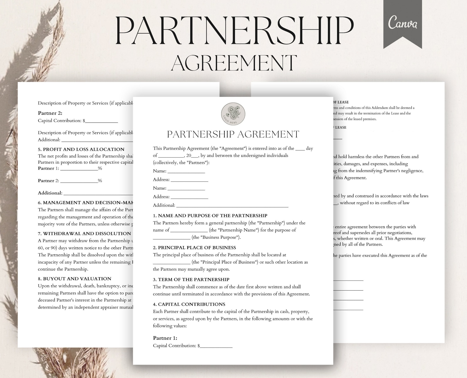 Editable Partnership Agreement Template, Partnership Agreement Form ...
